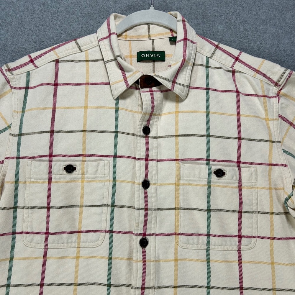 Orvis Button Down Shirt Mens L Cream Tattersall Plaid Flannel Outdoor Classic